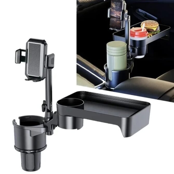 3-in-1 Ultimate Car Organizer: Cup Holder Expander, 360° Dining Tray & Phone Mount